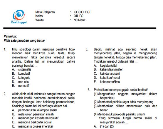 Download Prediksi Soal UN SMA Sosiologi Paket A dan Kunci Jawaban